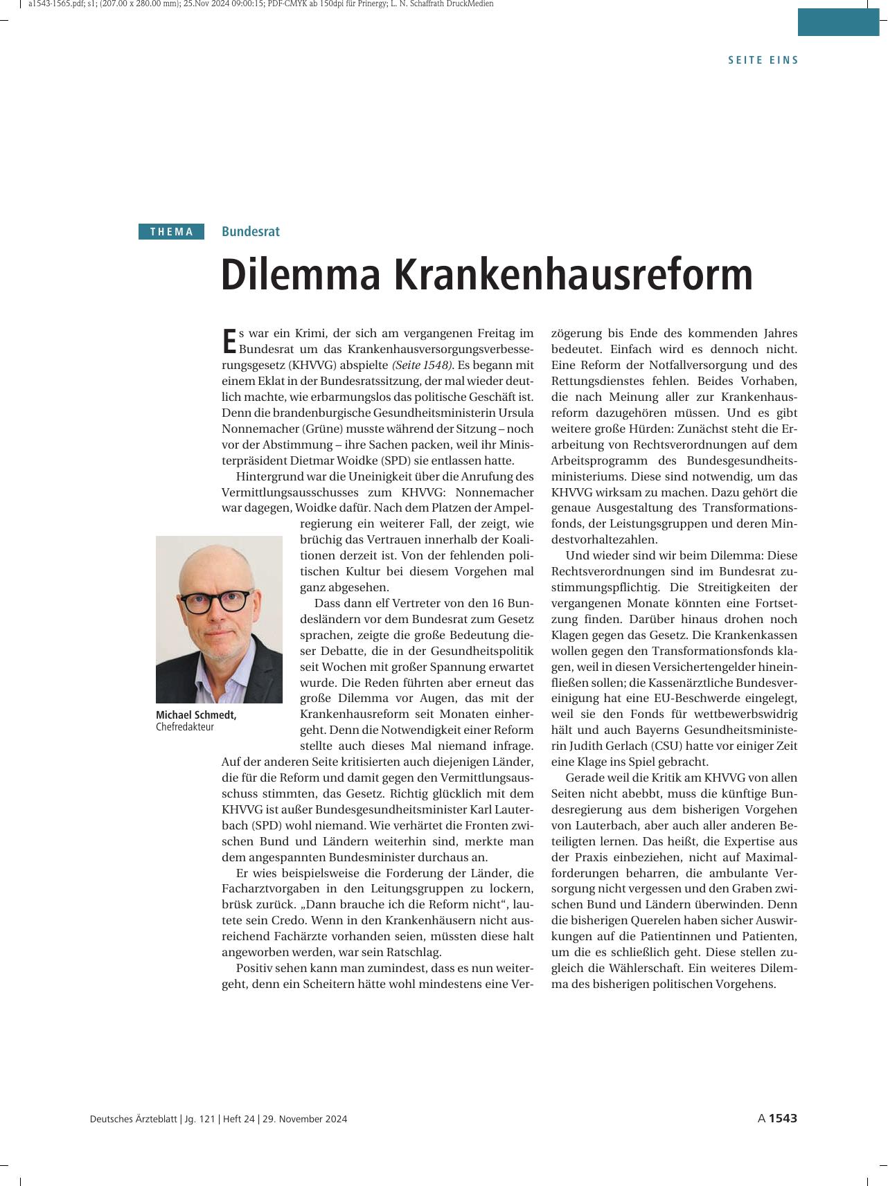 Vorschauseite 1: Bundesrat: Dilemma Krankenhausreform