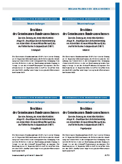 Vorschauseite 1: Beschluss des Gemeinsamen Bundesausschusses über eine Änderung der Arzneimittel-Richtlinie: Idebenon