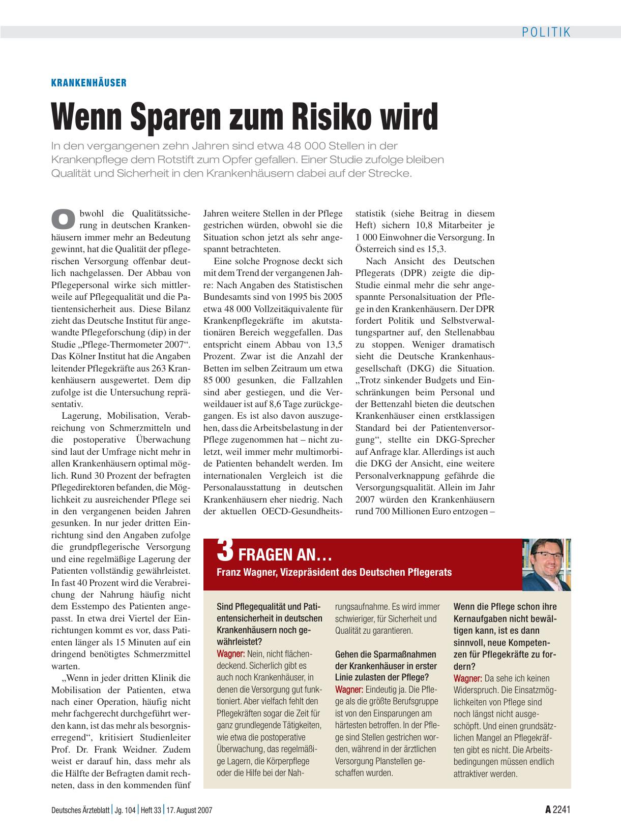 Vorschauseite 1: Krankenhäuser: Wenn Sparen zum Risiko wird