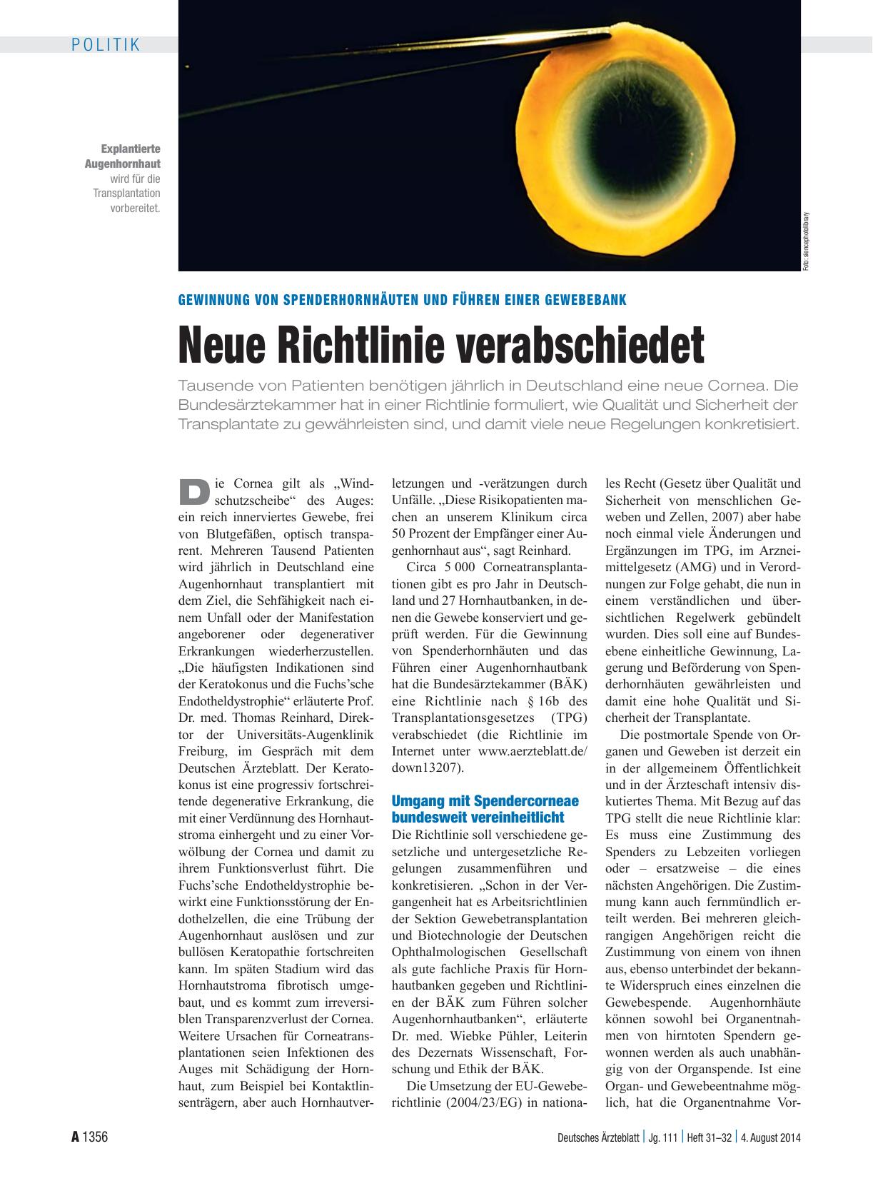 Vorschauseite 1: Gewinnung von Spenderhornhäuten und Führen einer Gewebebank: Neue Richtlinie verabschiedet