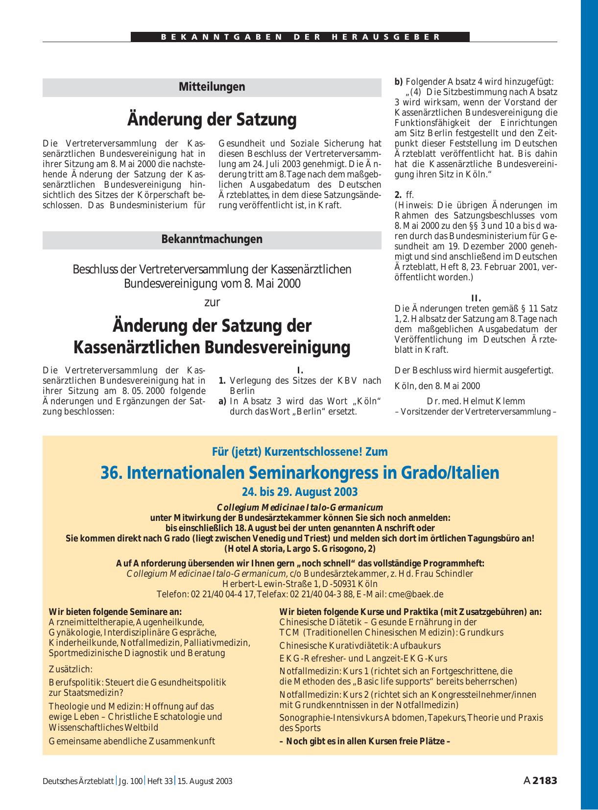 Vorschauseite 1: Bekanntmachungen: Änderung der Satzung der Kassenärztlichen Bundesvereinigung