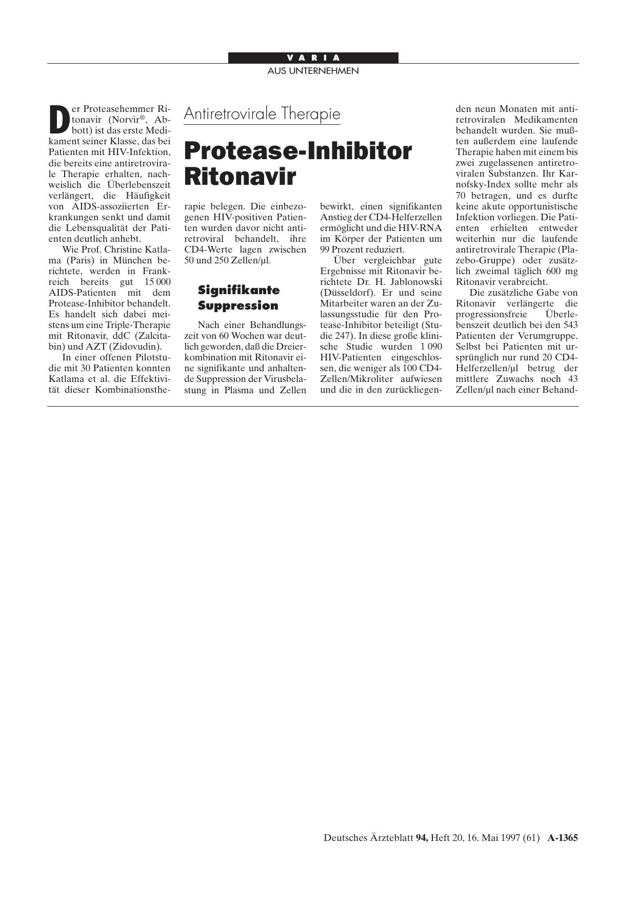 Vorschauseite 1: Antiretrovirale Therapie: Protease-Inhibitor Ritonavir