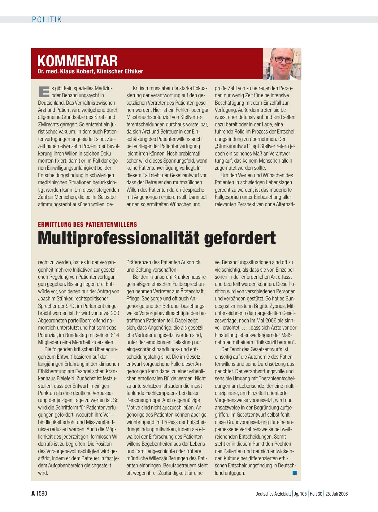 Vorschauseite 1: Ermittlung des Patientenwillens: Multiprofessionalität gefordert