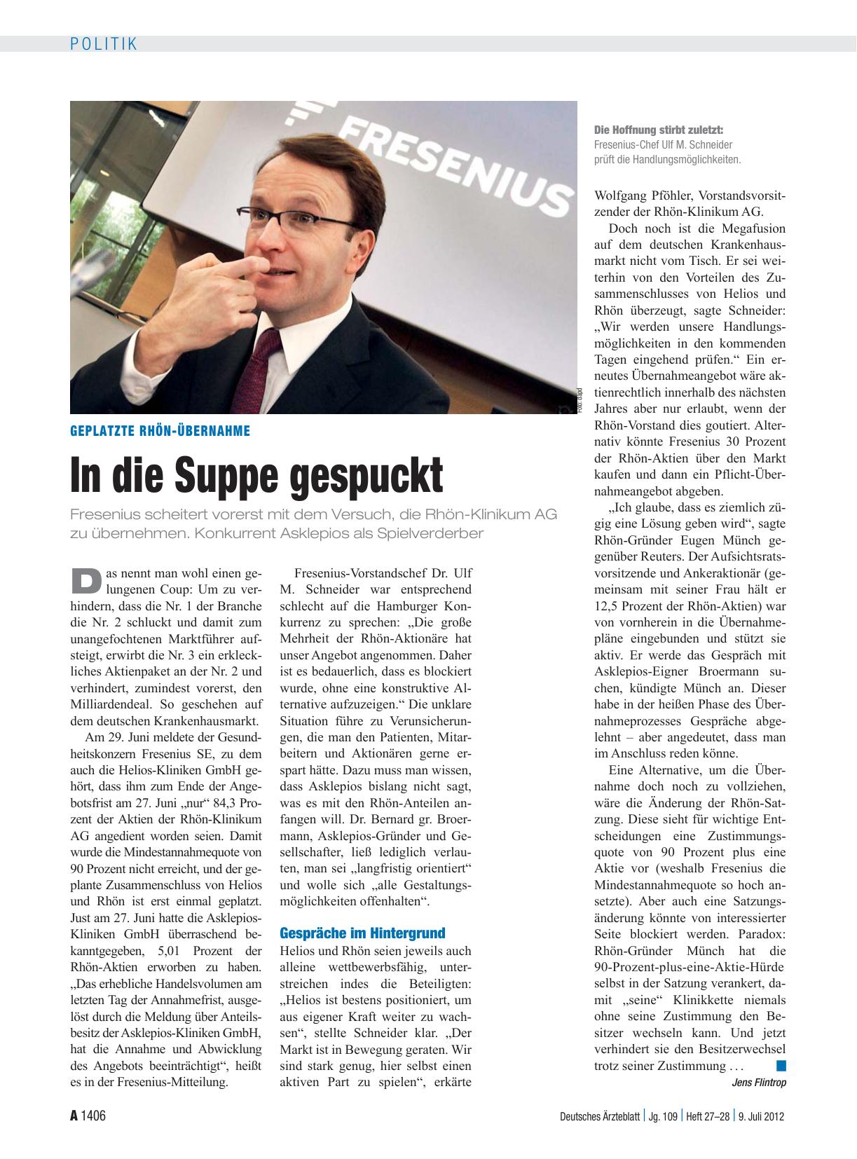 Vorschauseite 1: Geplatzte Rhön-Übernahme: In die Suppe gespuckt