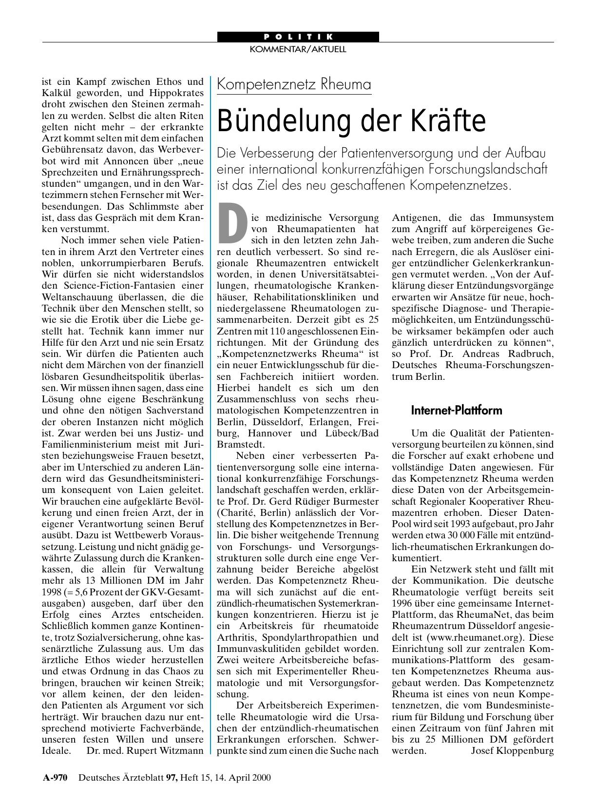 Vorschauseite 1: Kompetenznetz Rheuma: Bündelung der Kräfte