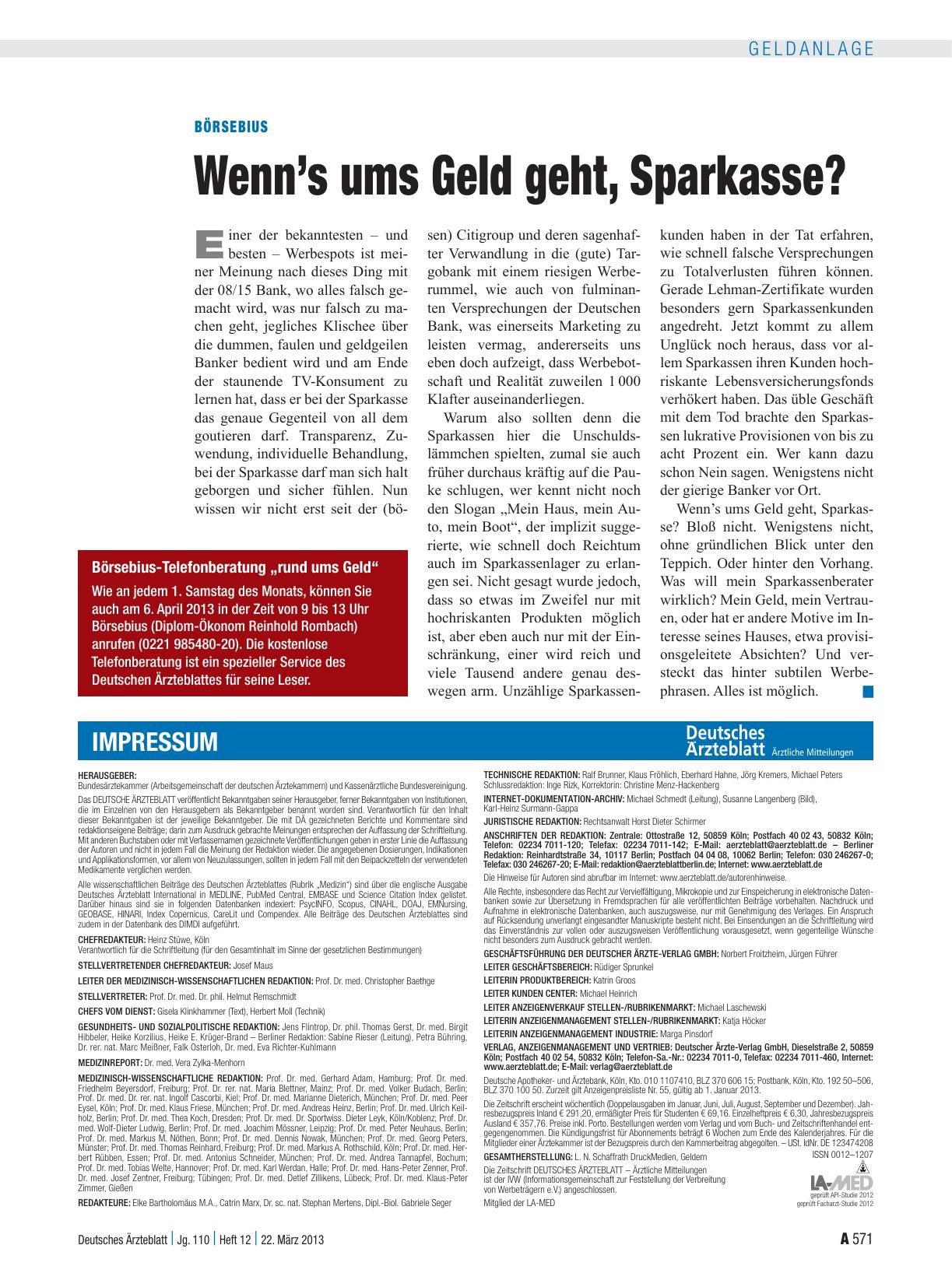 Vorschauseite 1: Börsebius: Wenn’s ums Geld geht, Sparkasse?
