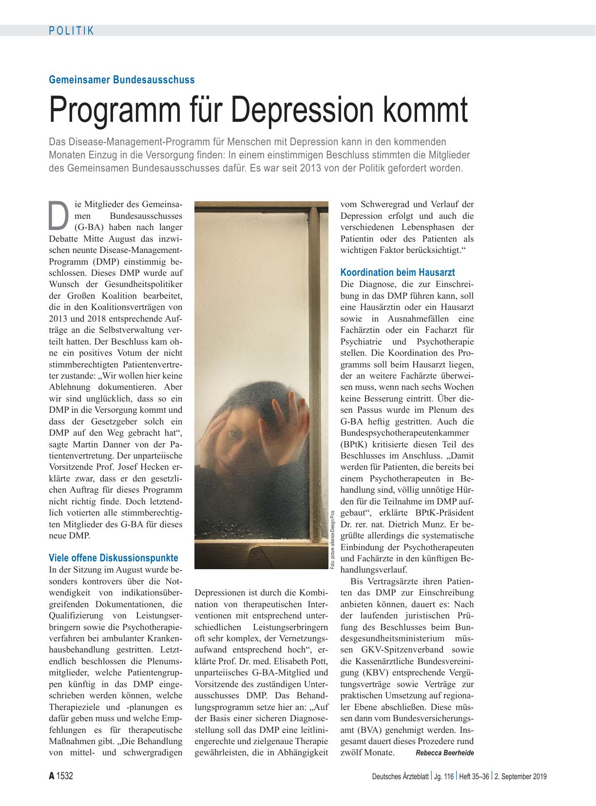 Vorschauseite 1: Gemeinsamer Bundesausschuss: Programm für Depression kommt