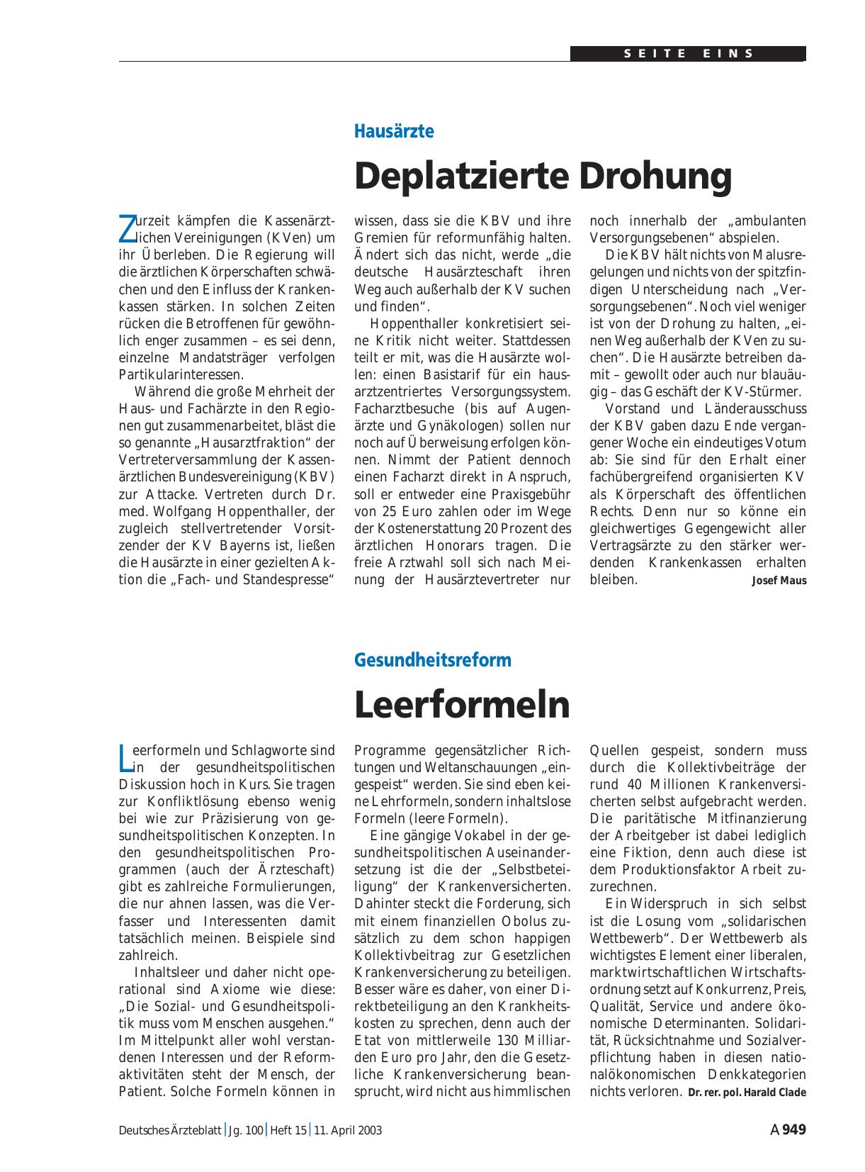 Vorschauseite 1: Hausärzte: Deplatzierte Drohung
