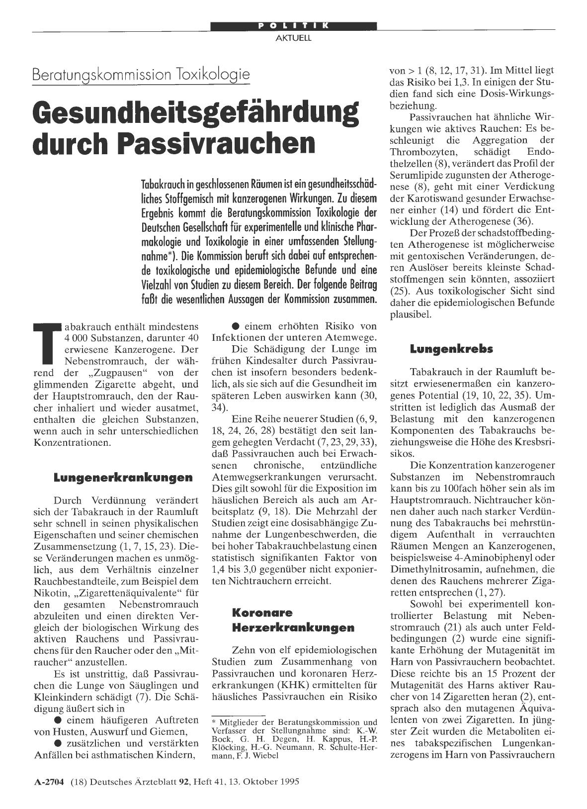Vorschauseite 1: Beratungskommission Toxikologie: Gesundheitsgefährdung durch Passivrauchen