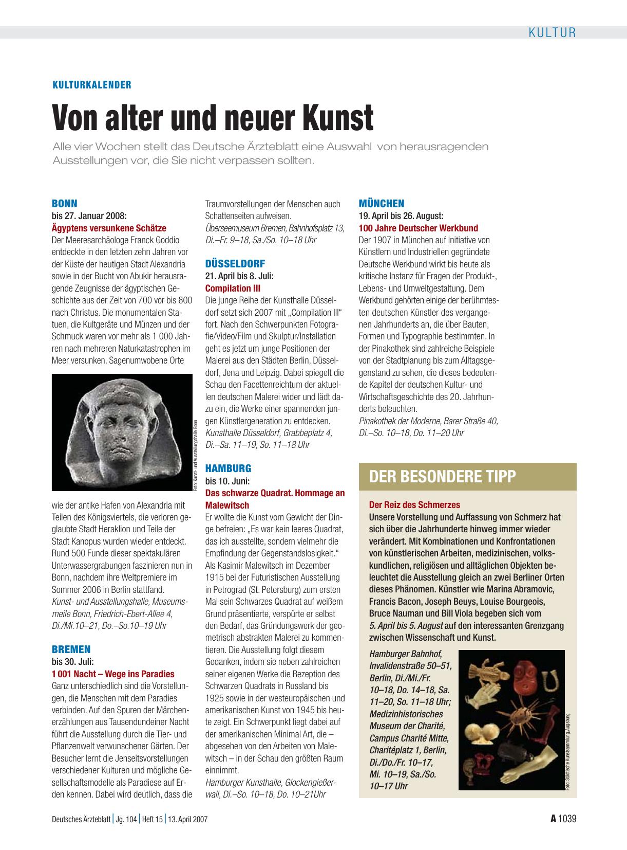 Vorschauseite 1: Kulturkalender: Von alter und neuer Kunst