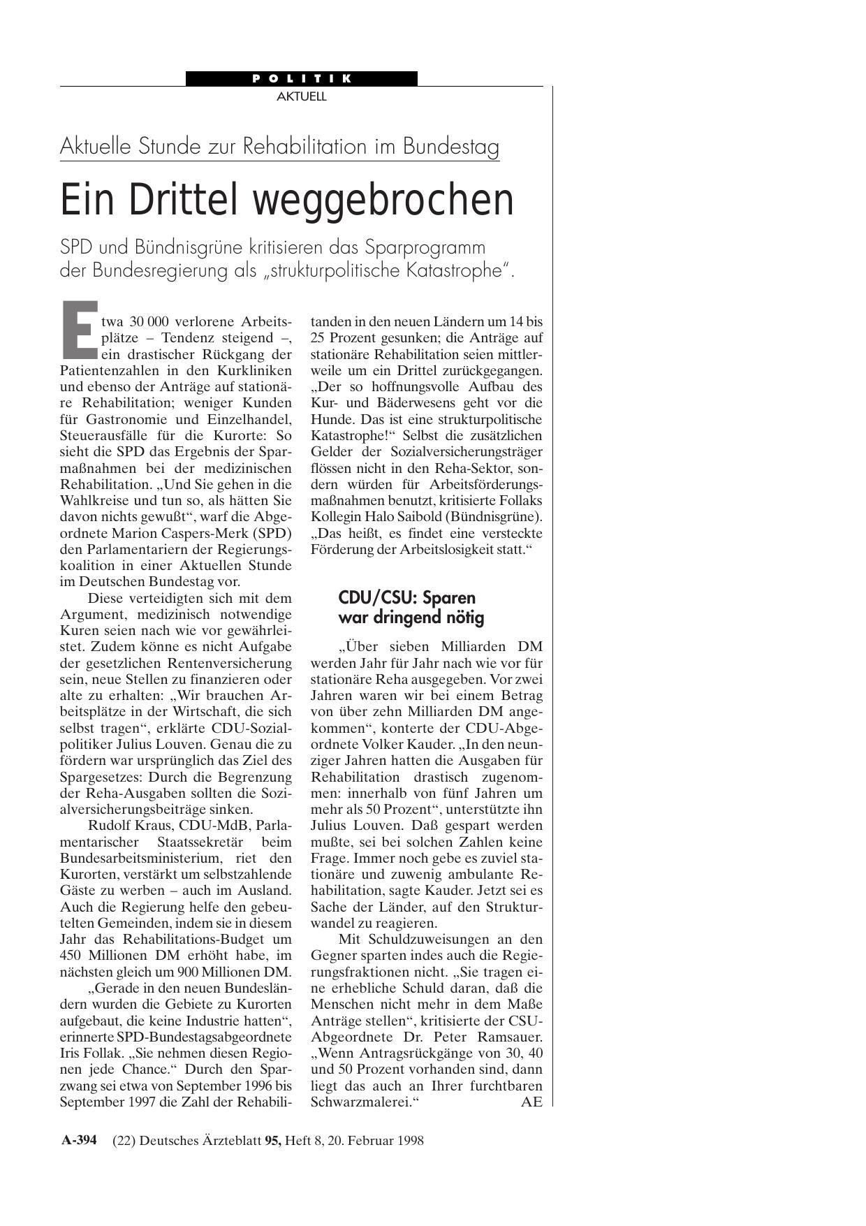 Vorschauseite 1: Aktuelle Stunde zur Rehabilitation im Bundestag: Ein Drittel weggebrochen