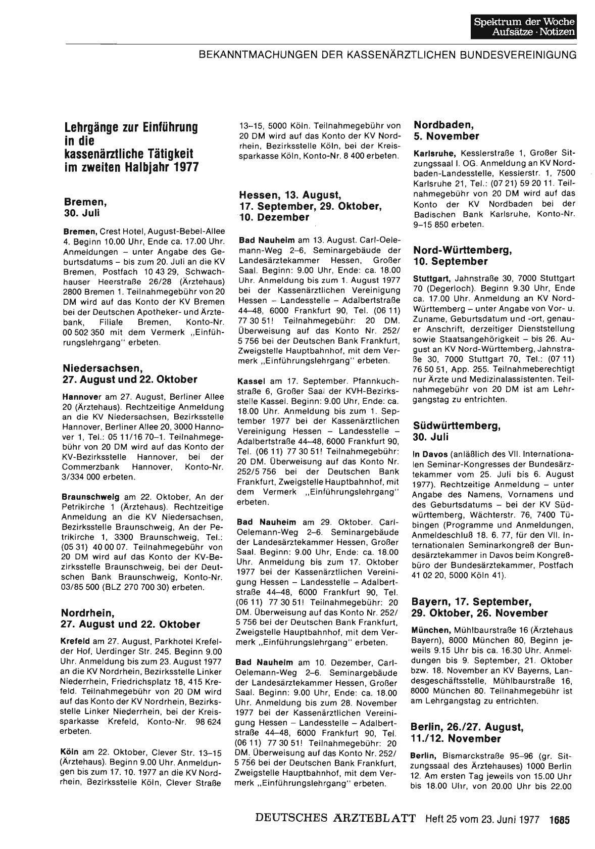 Vorschauseite 1: KASSENÄRZTLICHE BUNDESVEREINIGUNG: Lehrgänge zur Einführung in die kassenärztliche Tätigkeit im zweiten Halbjahr 1977