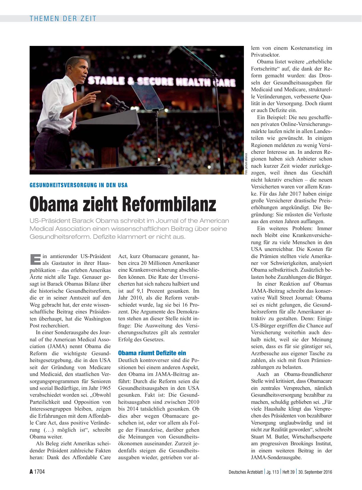 Vorschauseite 1: Gesundheitsversorgung in den USA: Obama zieht Reformbilanz
