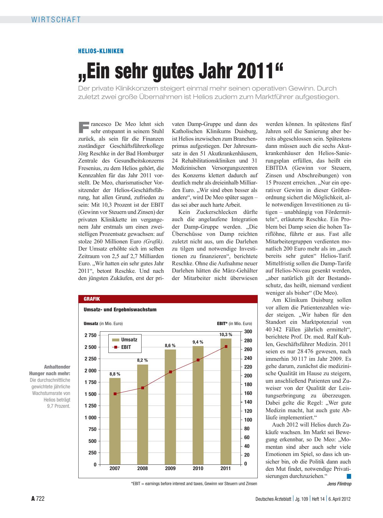 Vorschauseite 1: Helios-Kliniken: „Ein sehr gutes Jahr 2011“
