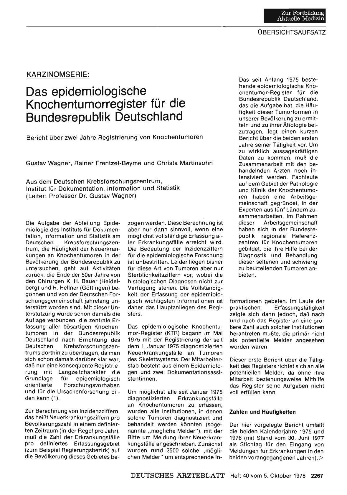 Vorschauseite 1: KARZINOMSERIE: Das epidemiologische Knochentumorregister für die Bundesrepublik Deutschland - Bericht über zwei Jahre Registrierung von Knochentumoren