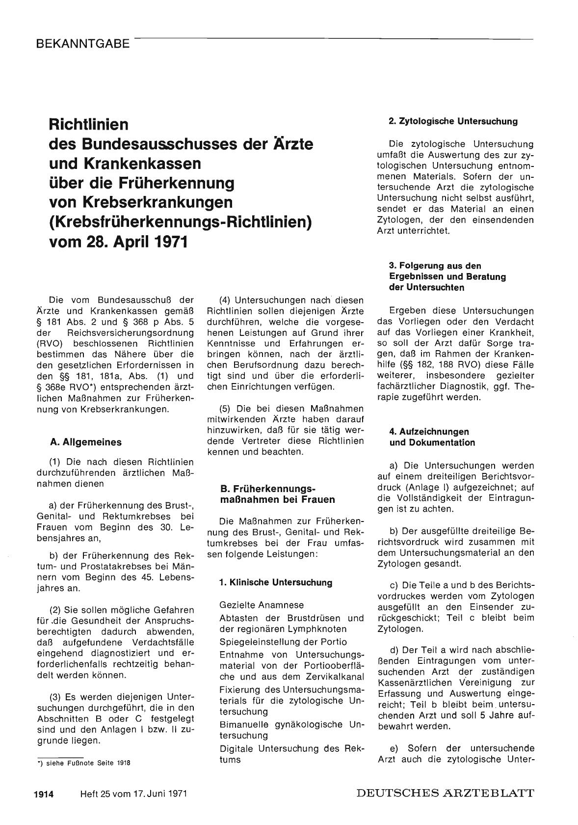 Vorschauseite 1: Richtlinien des Bundesausschusses der Ärzte und Krankenkassen über die Früherkennung von Krebserkrankungen (Krebsfrüherkennungs-Richtlinien) vom 28. April 1971