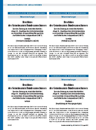 Vorschauseite 1: Beschluss des Gemeinsamen Bundesausschusses über eine Änderung der Arzneimittel-Richtlinie: Risdiplam (Beschränkung der Versorgungsbefugnis)