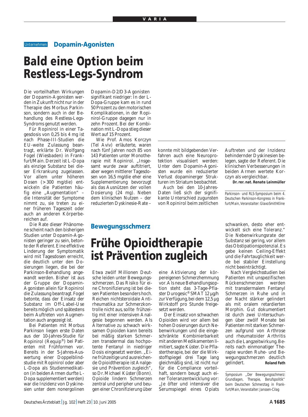 Vorschauseite 1: Bewegungsschmerz: Frühe Opioidtherapie ist Prävention zugleich