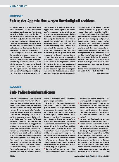 Vorschauseite 1: Rechtsreport: Entzug der Approbation wegen Unwürdigkeit rechtens