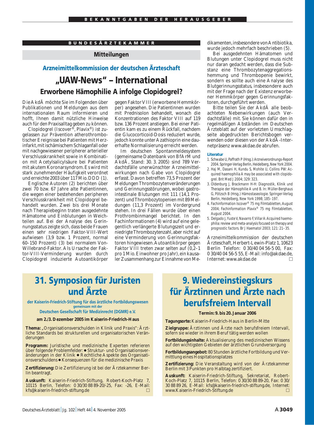 Vorschauseite 1: 9. Wiedereinstiegskurs für Ärztinnen und Ärzte nach berufsfreiem Intervall