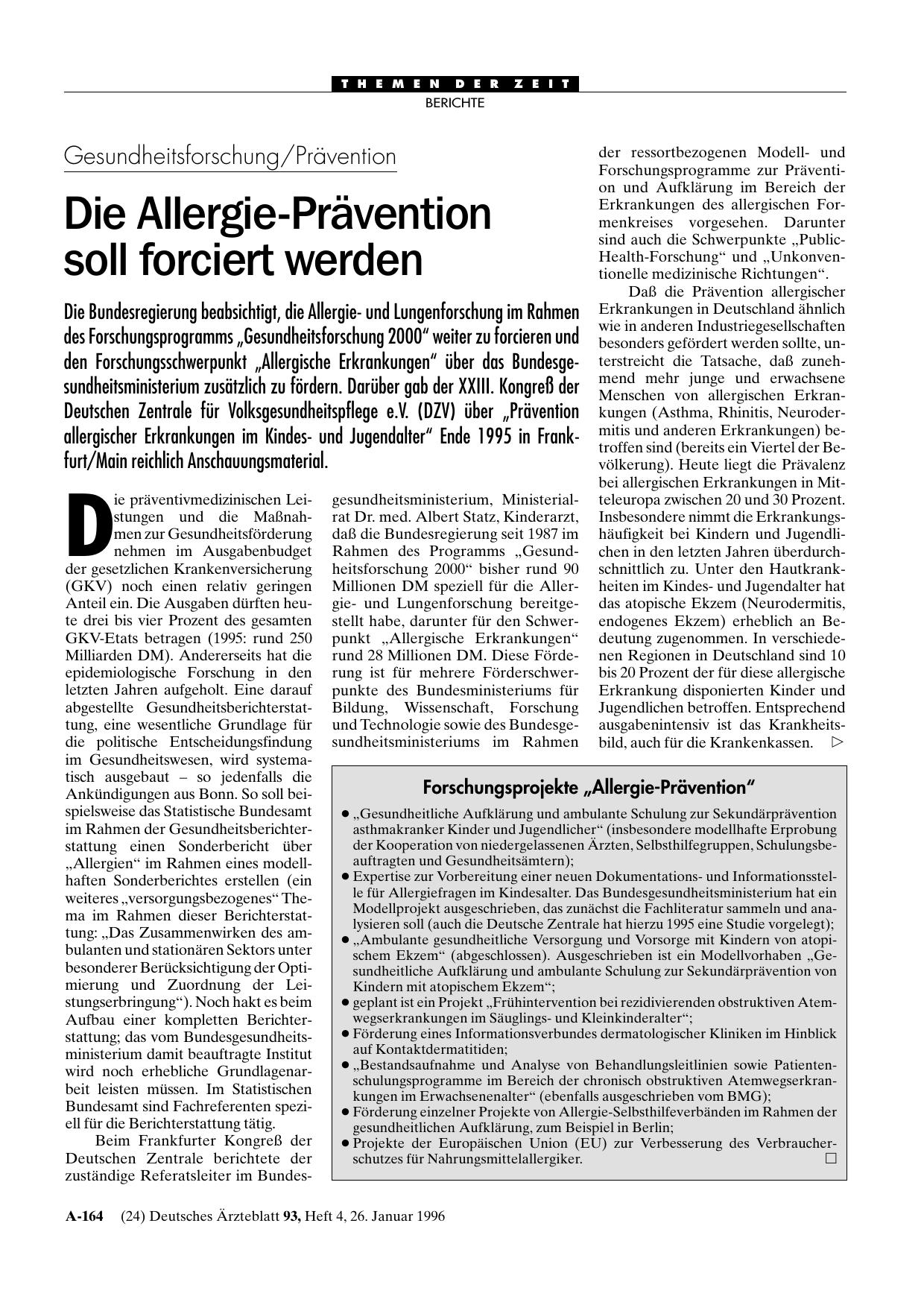 Vorschauseite 1: Gesundheitsforschung/Prävention: Die Allergie-Prävention soll forciert werden