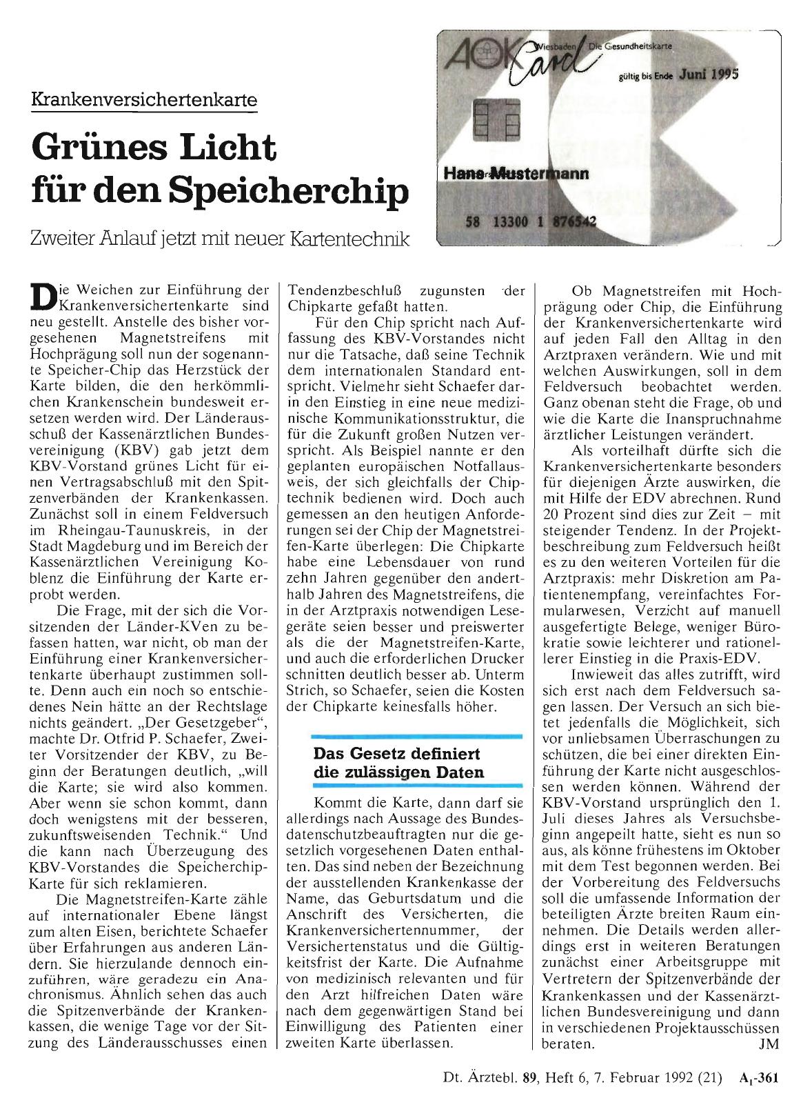 Vorschauseite 1: Krankenversichertenkarte: Grünes Licht für den Speicherchip
