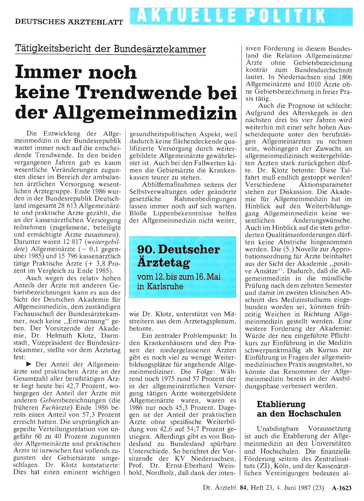 Vorschauseite 1: 90. Deutscher Ärztetag vom 12. bis zum 16. Mai in Karlsruhe - Immer noch keine Trendwende bei der Allgemeinmedizin