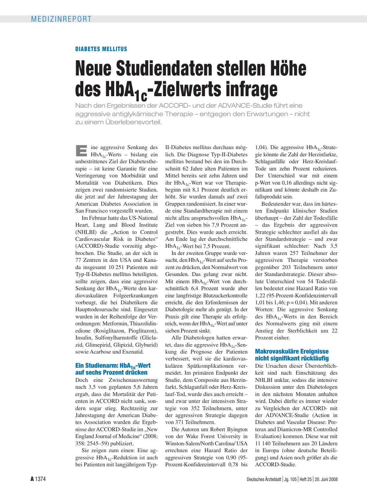 Vorschauseite 1: Diabetes Mellitus: Neue Studiendaten stellen Höhe des HbA1c-Zielwerts infrage