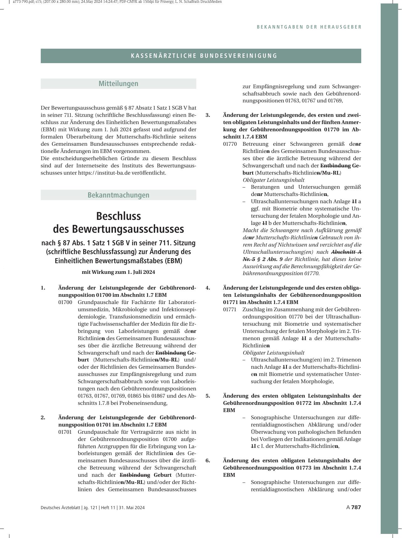 Vorschauseite 1: Beschluss des Bewertungsausschusses nach § 87 Abs. 1 Satz 1 SGB V in seiner 711. Sitzung (schriftliche Beschlussfassung) zur Änderung des Einheitlichen Bewertungsmaßstabes (EBM)