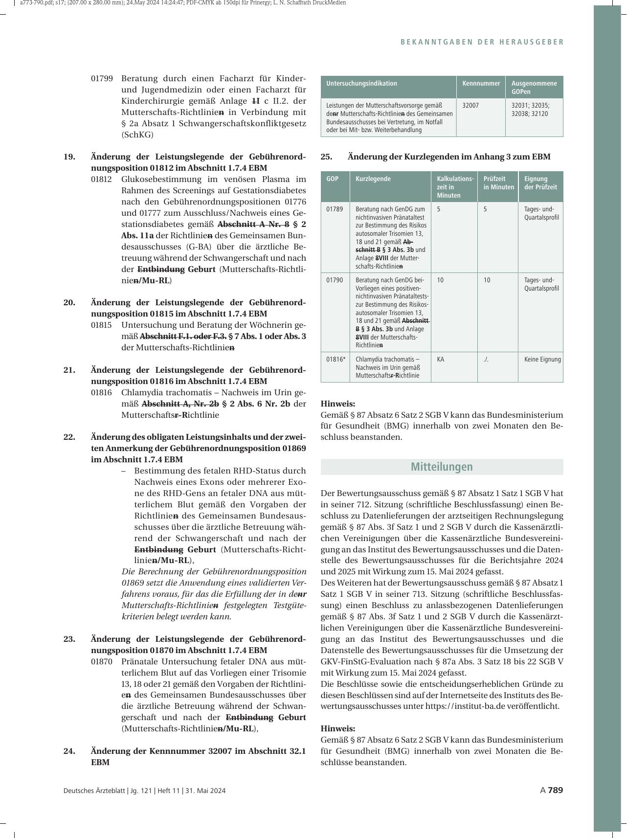 Vorschauseite 3: Beschluss des Bewertungsausschusses nach § 87 Abs. 1 Satz 1 SGB V in seiner 711. Sitzung (schriftliche Beschlussfassung) zur Änderung des Einheitlichen Bewertungsmaßstabes (EBM)