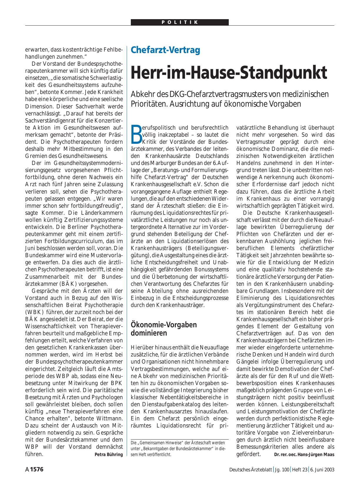 Vorschauseite 1: Chefarzt-Vertrag: Herr-im-Hause-Standpunkt