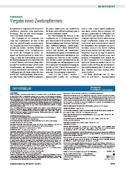 Vorschauseite 1: Rechtsreport: Vergabe eines Zweitimpftermins