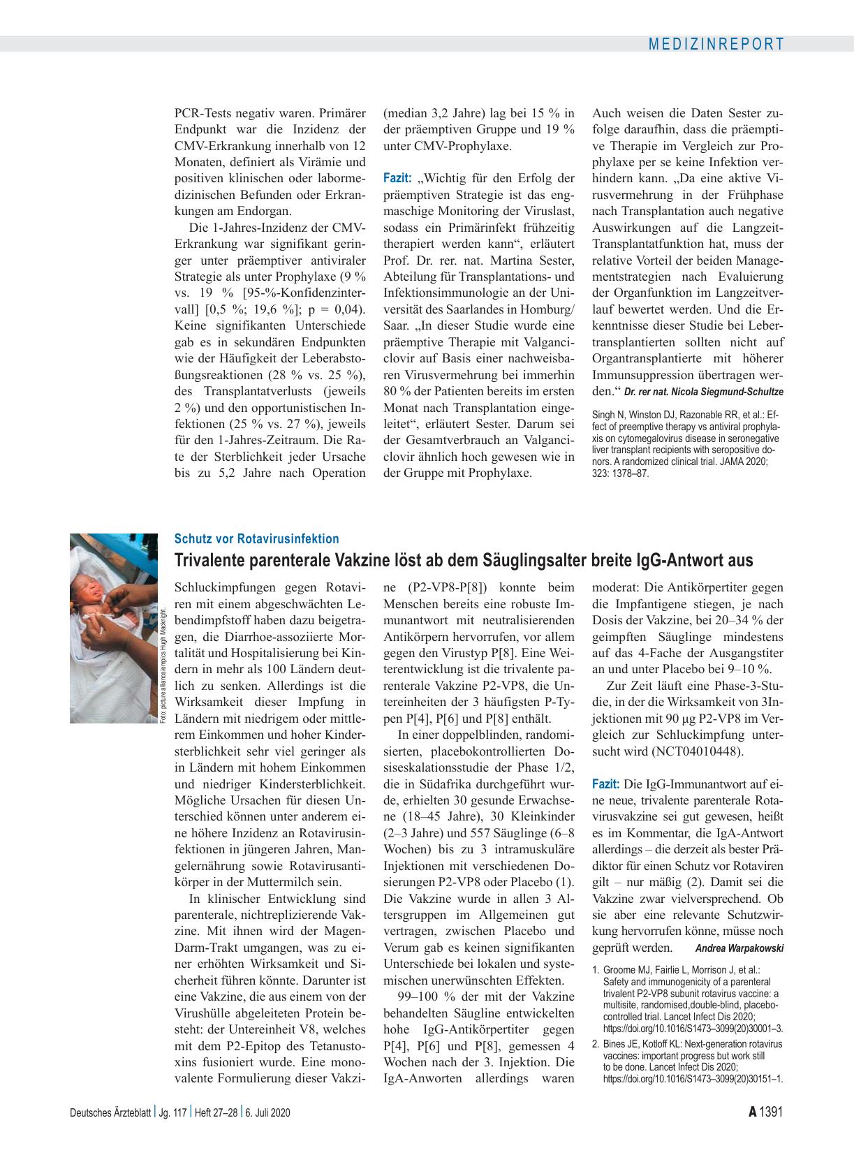 Vorschauseite 1: Schutz vor Rotavirusinfektion: Trivalente parenterale Vakzine löst ab dem Säuglingsalter breite IgG-Antwort aus