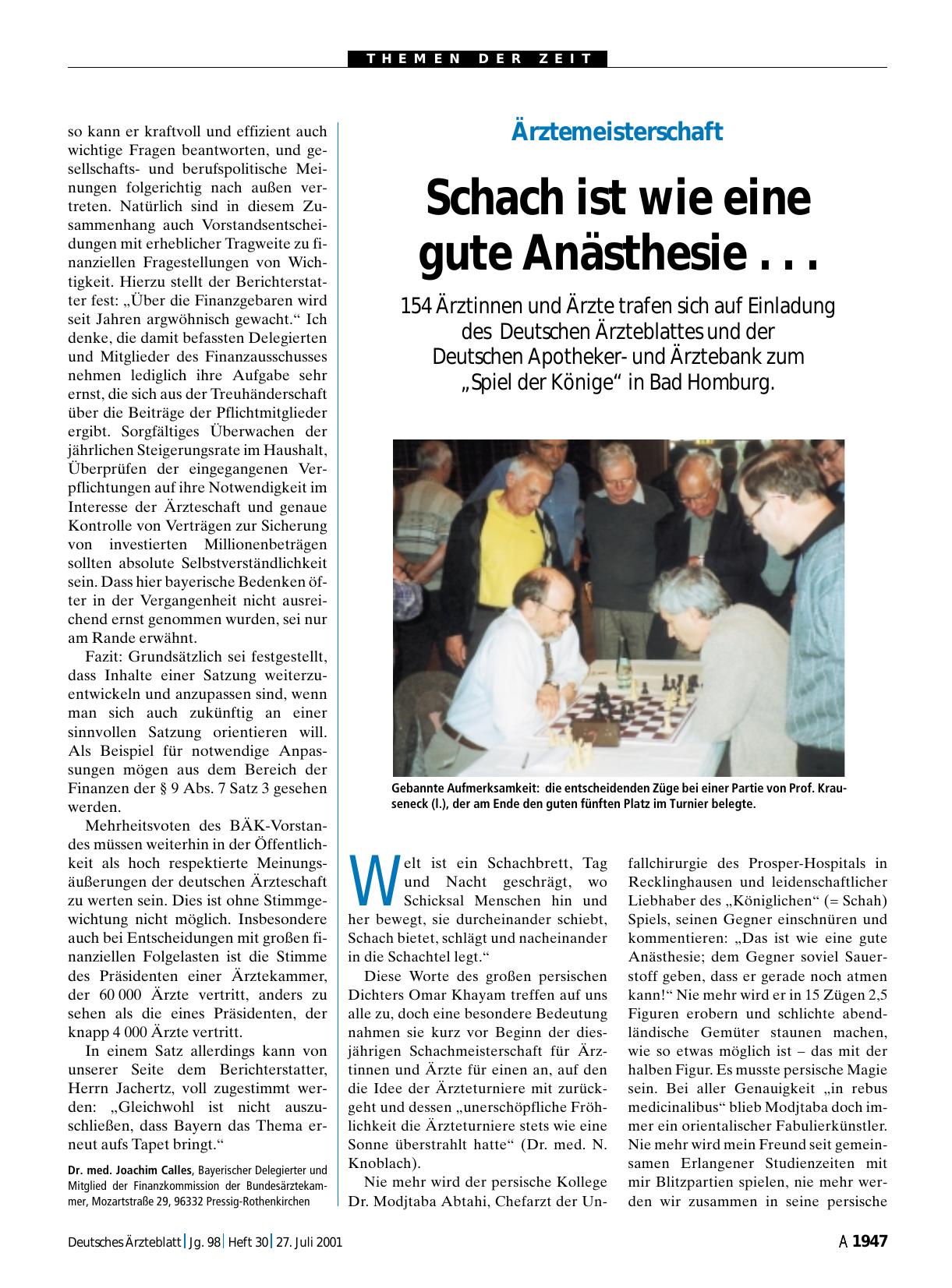 Vorschauseite 1: Ärztemeisterschaft: Schach ist wie eine gute Anästhesie. ..