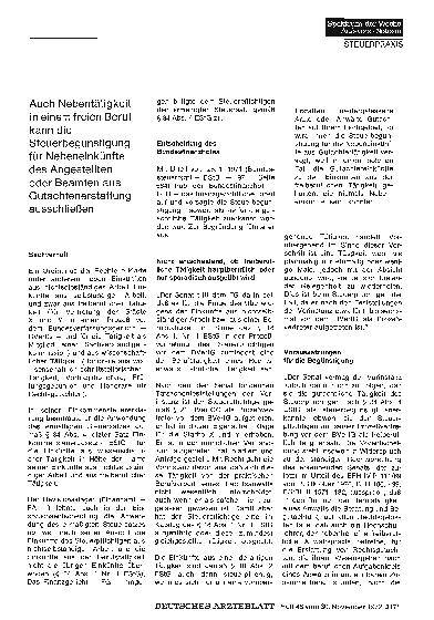 Vorschauseite 1: Auch Nebentätigkeit in einem freien Beruf kann die Steuerbegünstigung für Nebeneinkünfte des Angestellten oder Beamten aus Gutachtenerstattung ausschließen