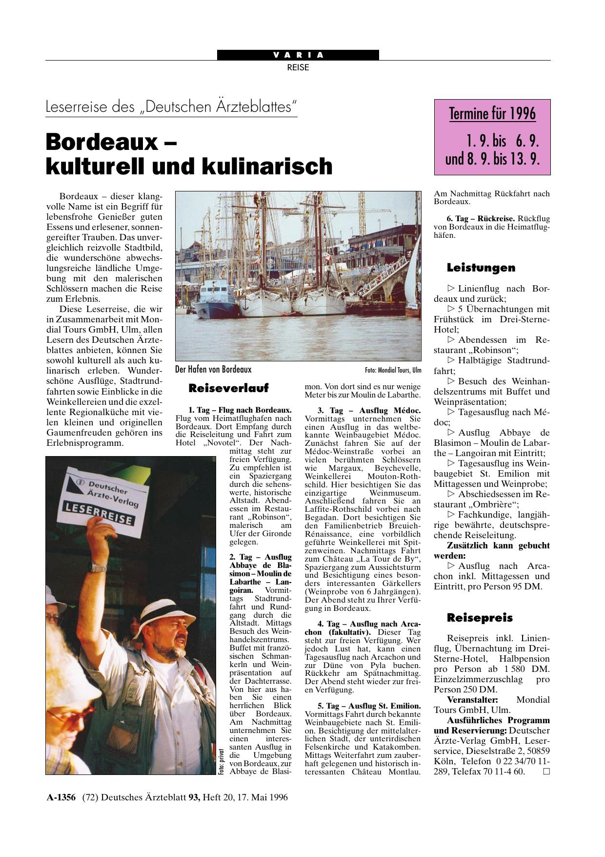Vorschauseite 1: Leserreise des „Deutschen Ärzteblattes“: Bordeaux – kulturell und kulinarisch