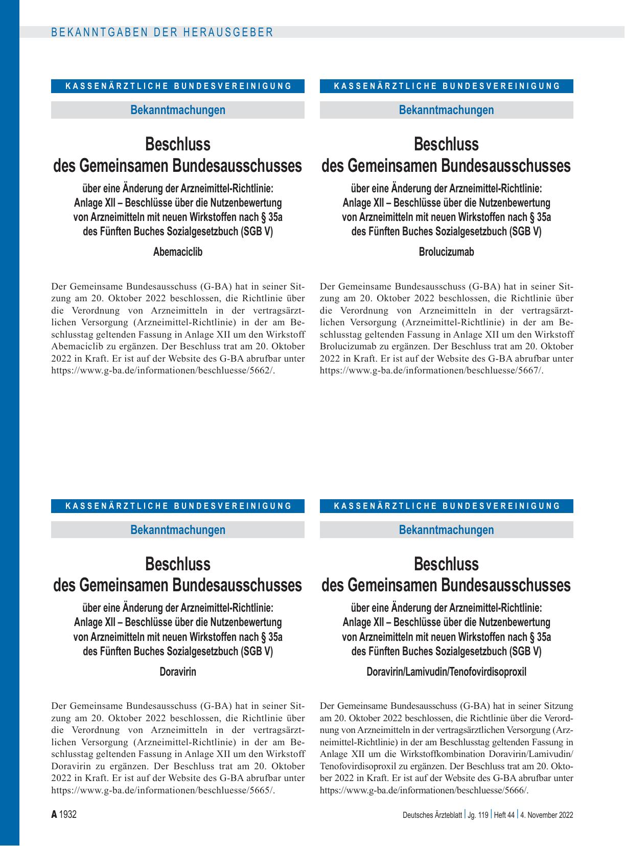 Vorschauseite 1: Beschluss des Gemeinsamen Bundesausschusses über eine Änderung der Arzneimittel-Richtlinie: Doravirin