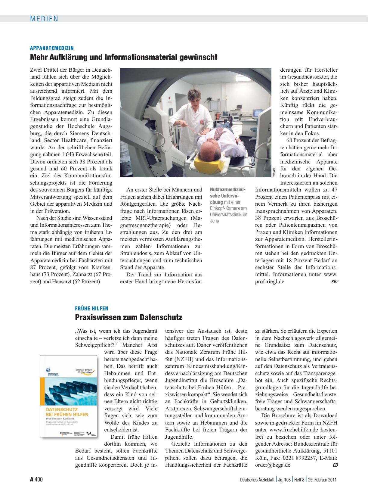Vorschauseite 1: Apparatemedizin: Mehr Aufklärung und Informationsmaterial gewünscht