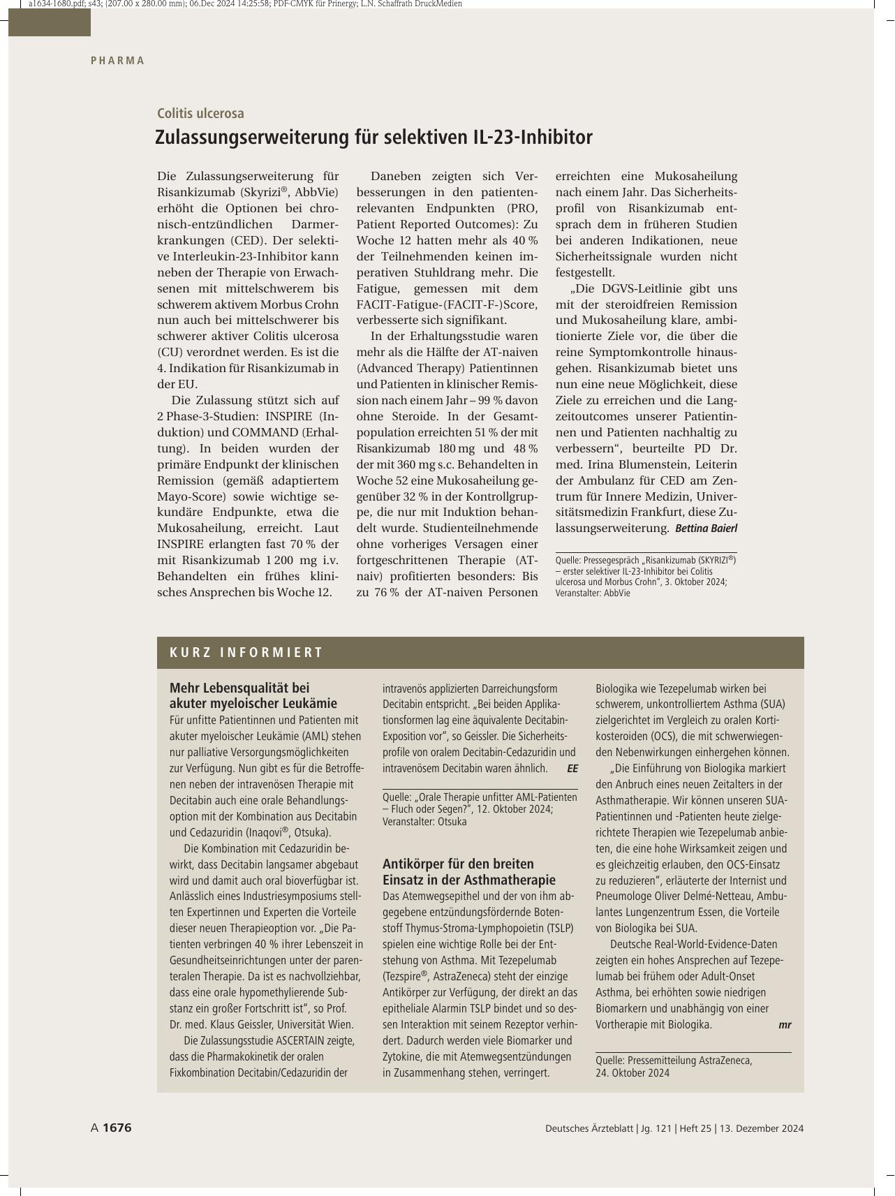 Vorschauseite 1: Colitis ulcerosa: Zulassungserweiterung für selektiven IL-23-Inhibitor