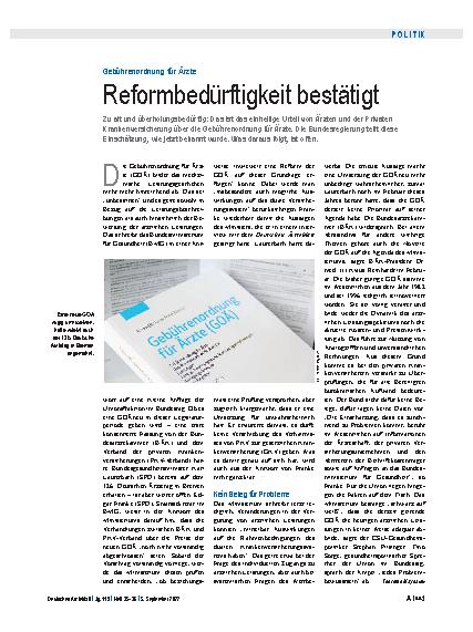 Vorschauseite 1: Gebührenordnung für Ärzte: Reformbedürftigkeit bestätigt