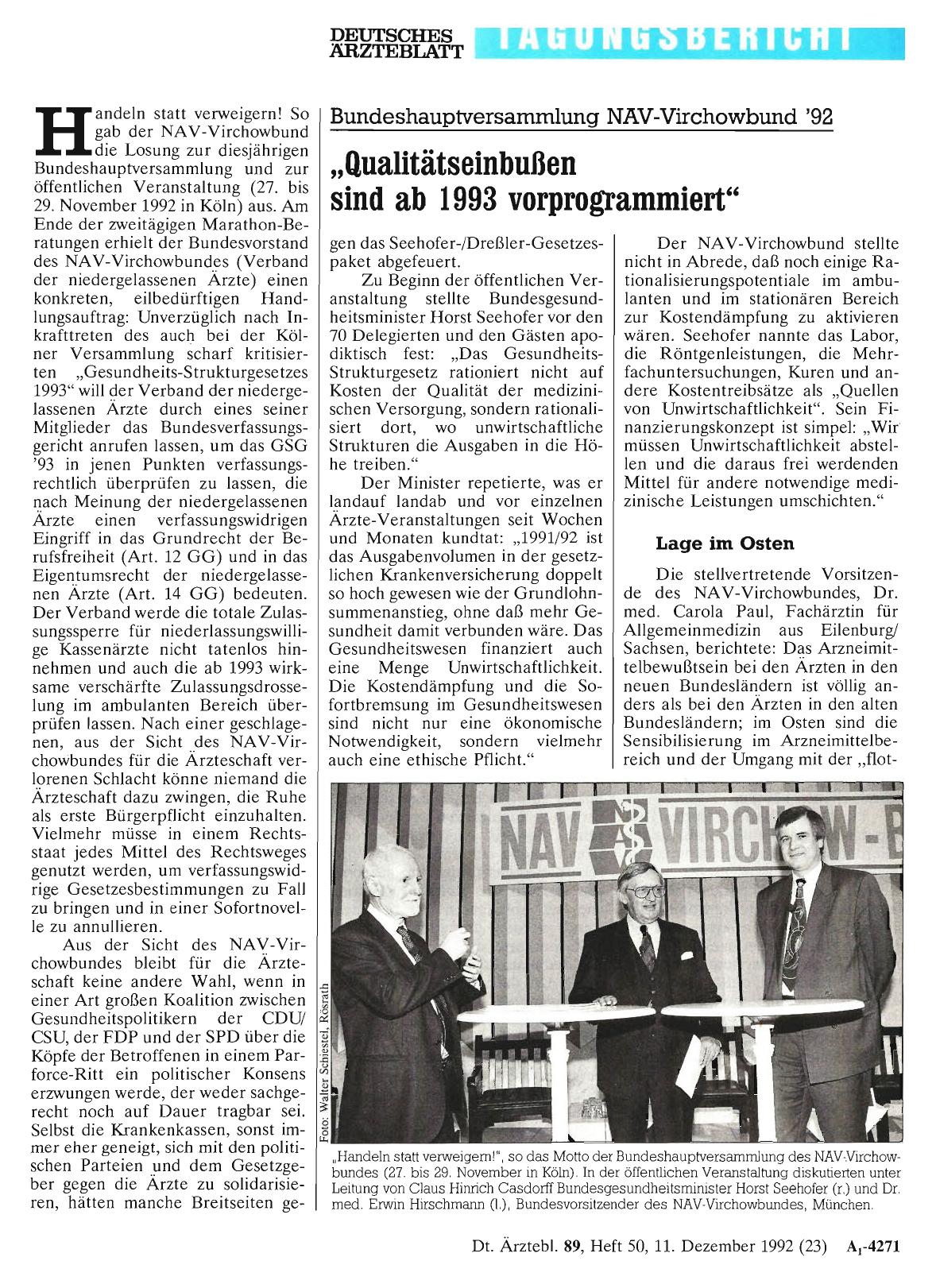 Vorschauseite 1: Bundeshauptversammlung NAV-Virchowbund '92: „Qualitätseinbußen sind ab 1993 vorprogrammiert“
