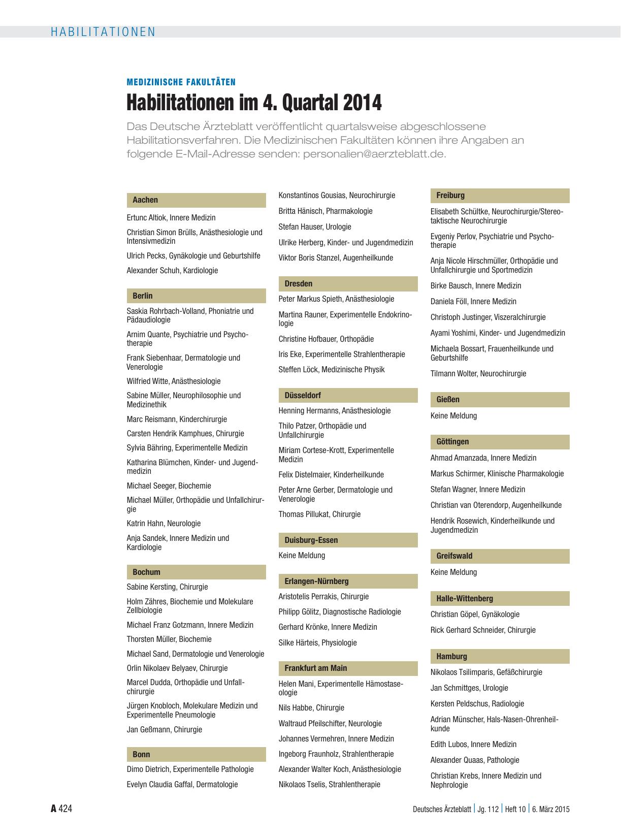 Vorschauseite 1: Medizinische Fakultäten: Habilitationen im 4. Quartal 2014
