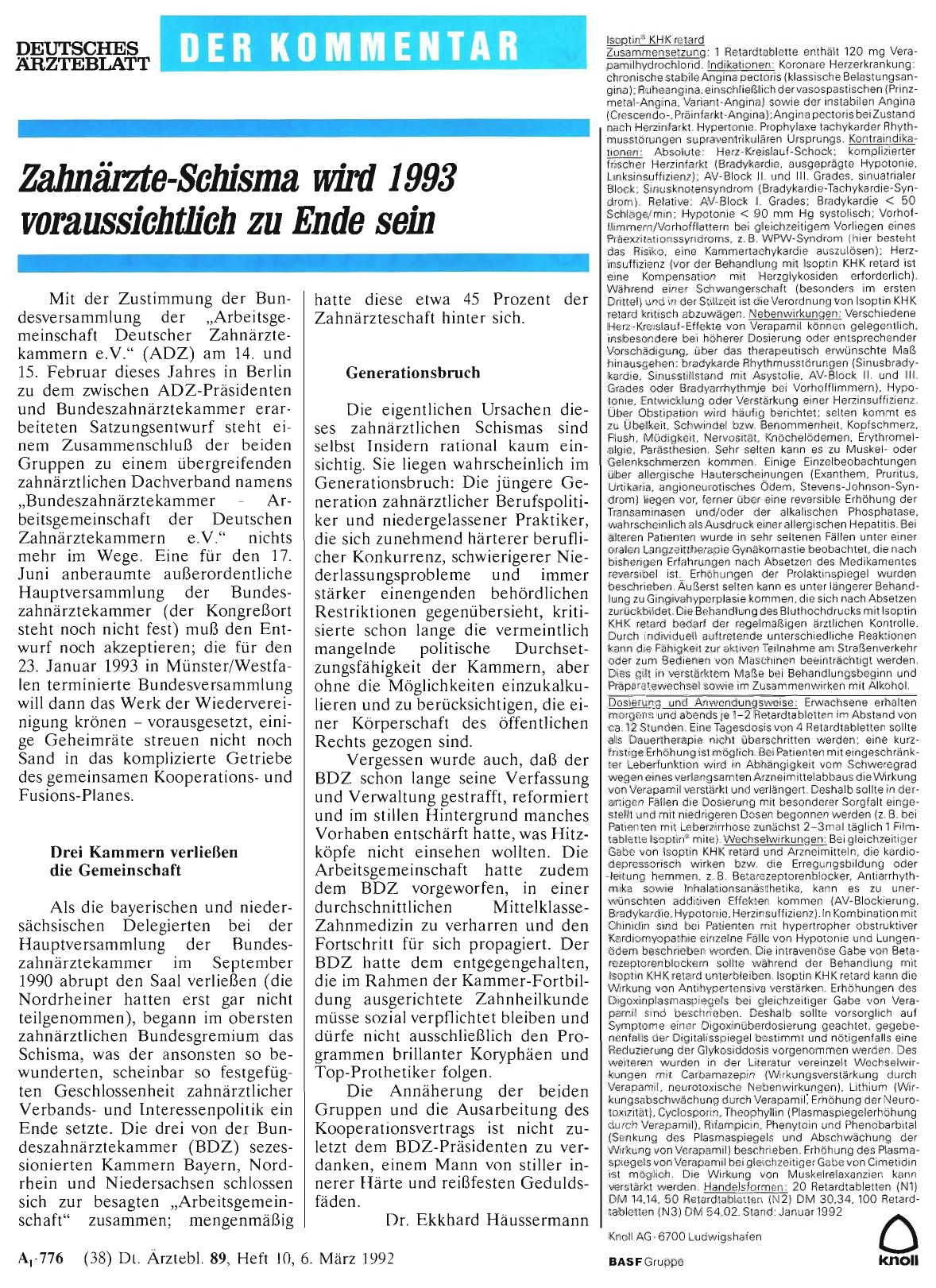 Vorschauseite 1: Zahnärzte-Schisma wird 1993 voraussichtlich zu Ende sein