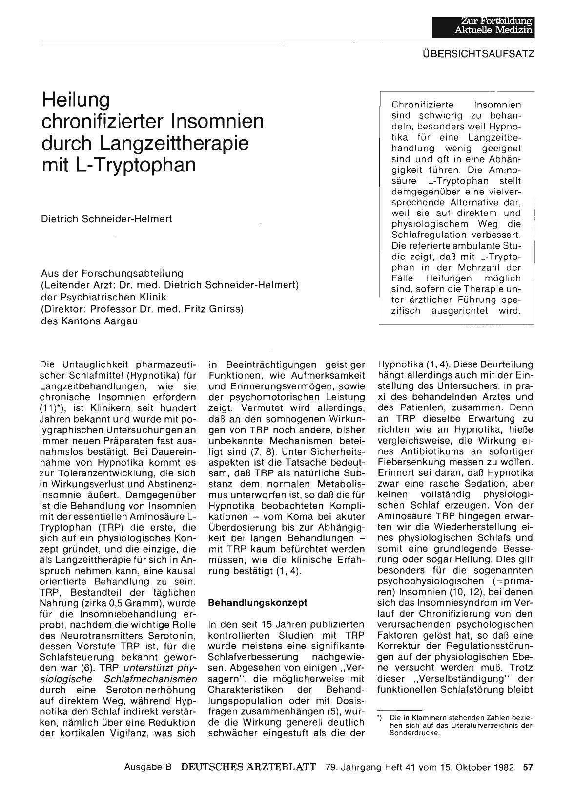 Vorschauseite 1: Heilung chronifizierter lnsomnien durch Langzeittherapie mit L-Tryptophan