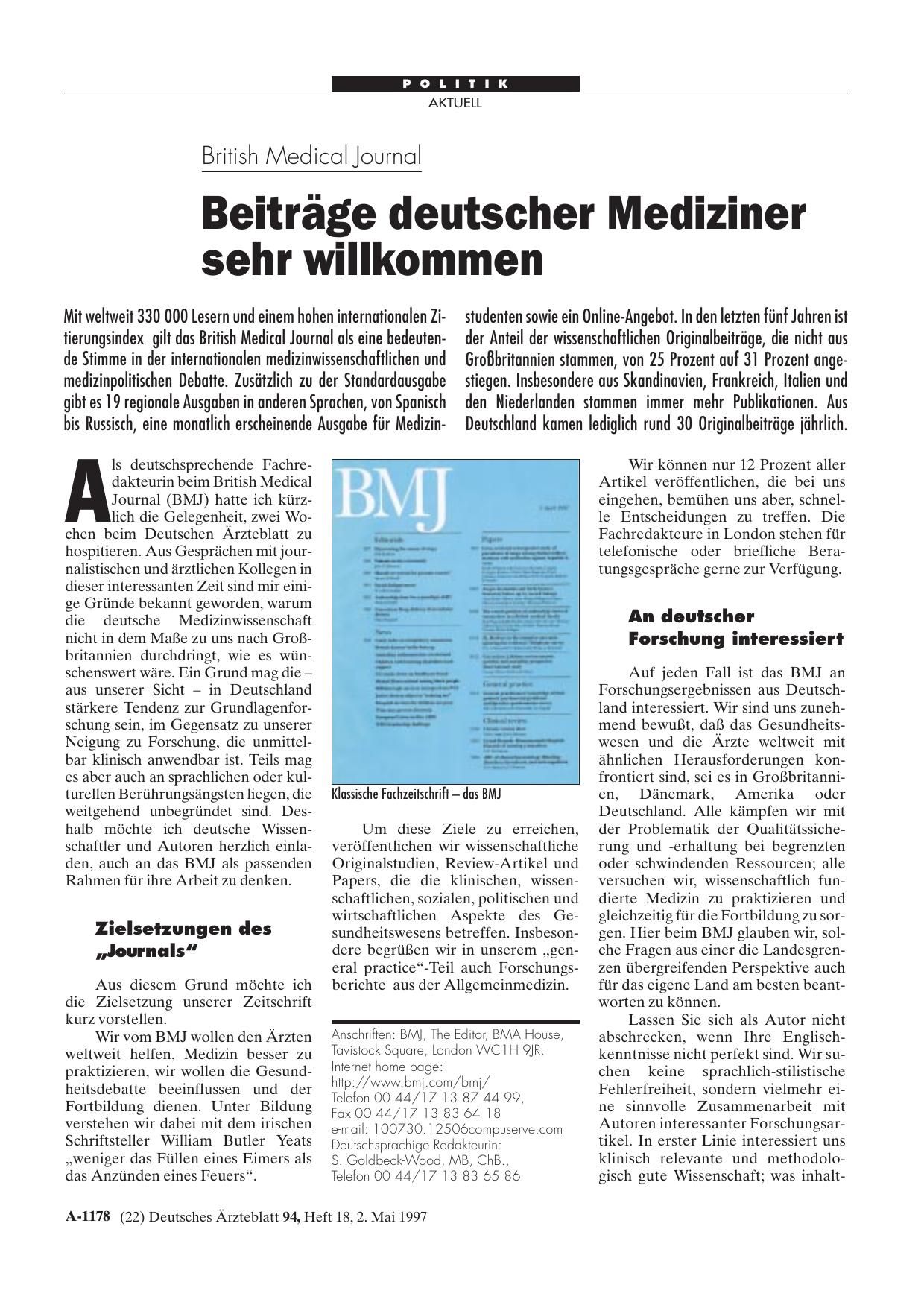 Vorschauseite 1: British Medical Journal: Beiträge deutscher Mediziner sehr willkommen