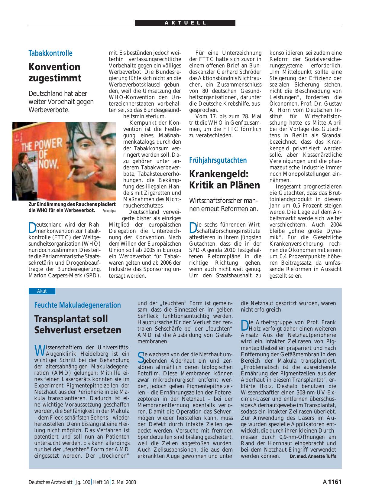 Vorschauseite 1: Feuchte Makuladegeneration: Transplantat soll Sehverlust ersetzen