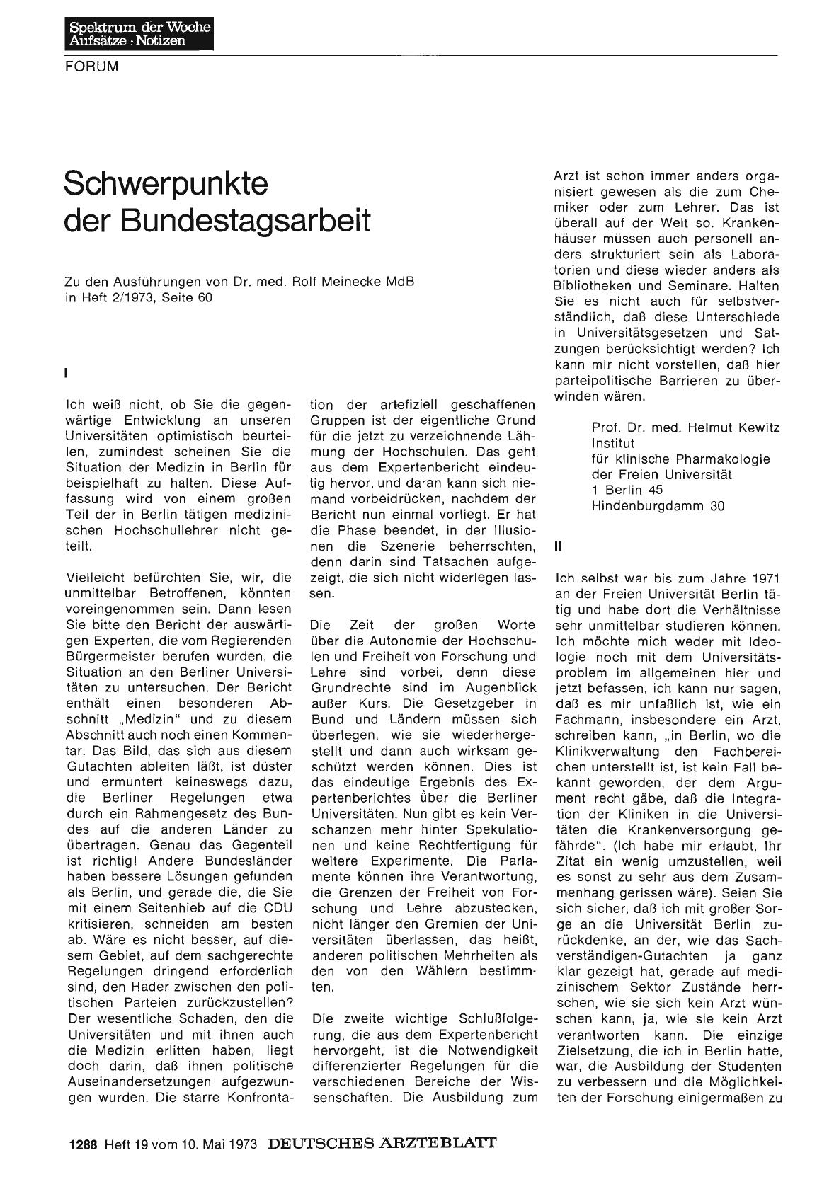 Vorschauseite 1: Schwerpunkte der Bundestagsarbeit: I.