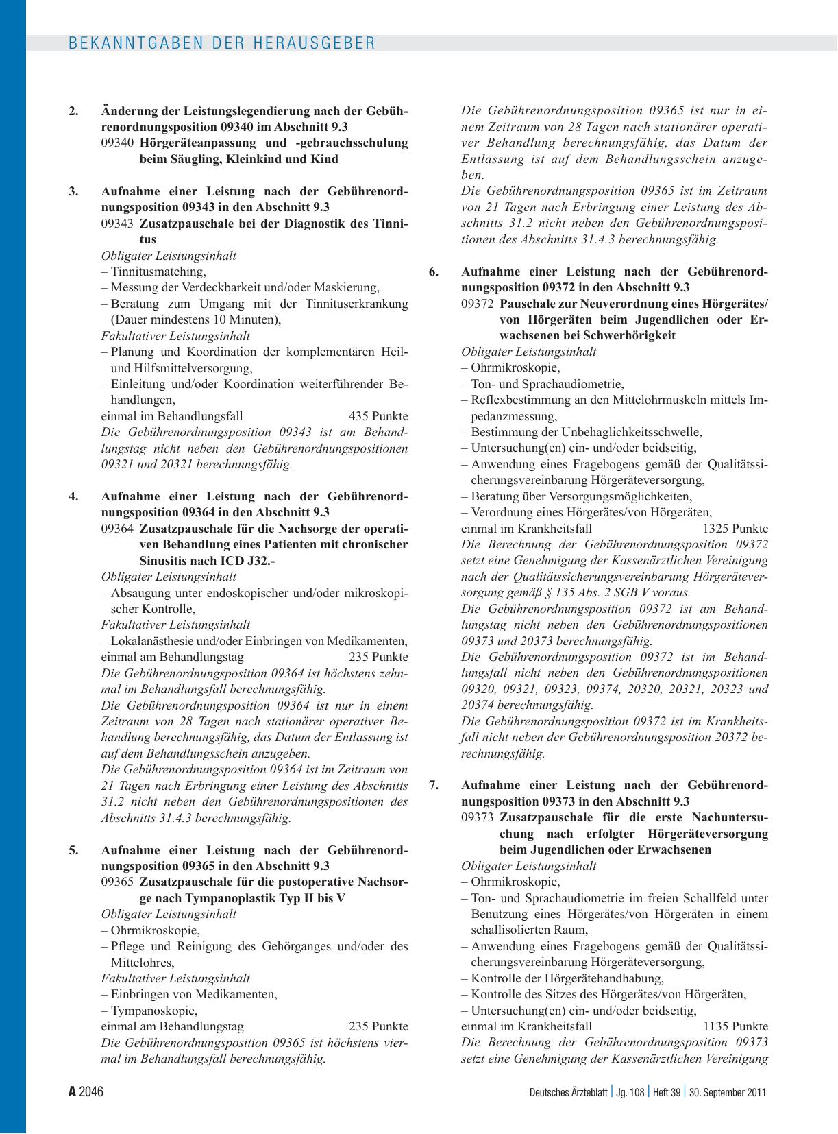 Vorschauseite 2: Beschluss des Bewertungsausschusses nach § 87 Abs. 1 Satz 1 SGB V in seiner 262. Sitzung am 31. August 2011 zur Änderung des Einheitlichen Bewertungsmaßstabes (EBM)