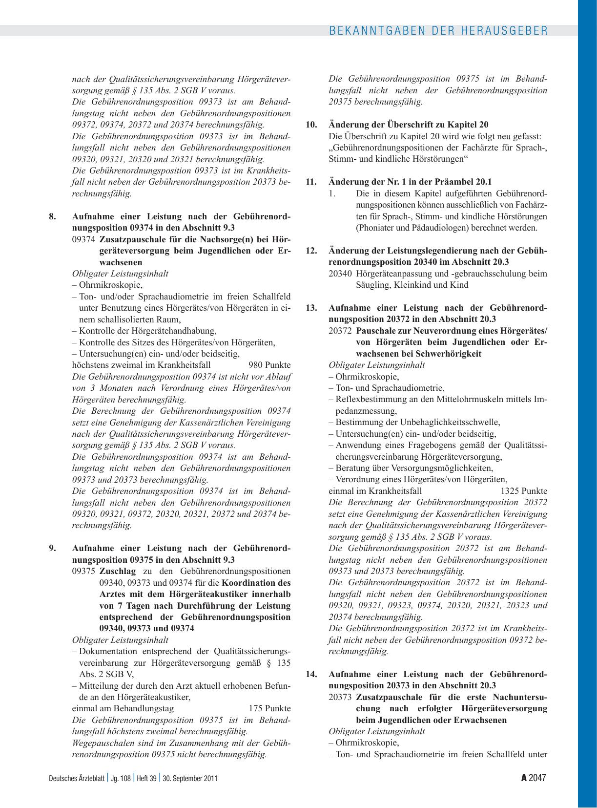 Vorschauseite 3: Beschluss des Bewertungsausschusses nach § 87 Abs. 1 Satz 1 SGB V in seiner 262. Sitzung am 31. August 2011 zur Änderung des Einheitlichen Bewertungsmaßstabes (EBM)