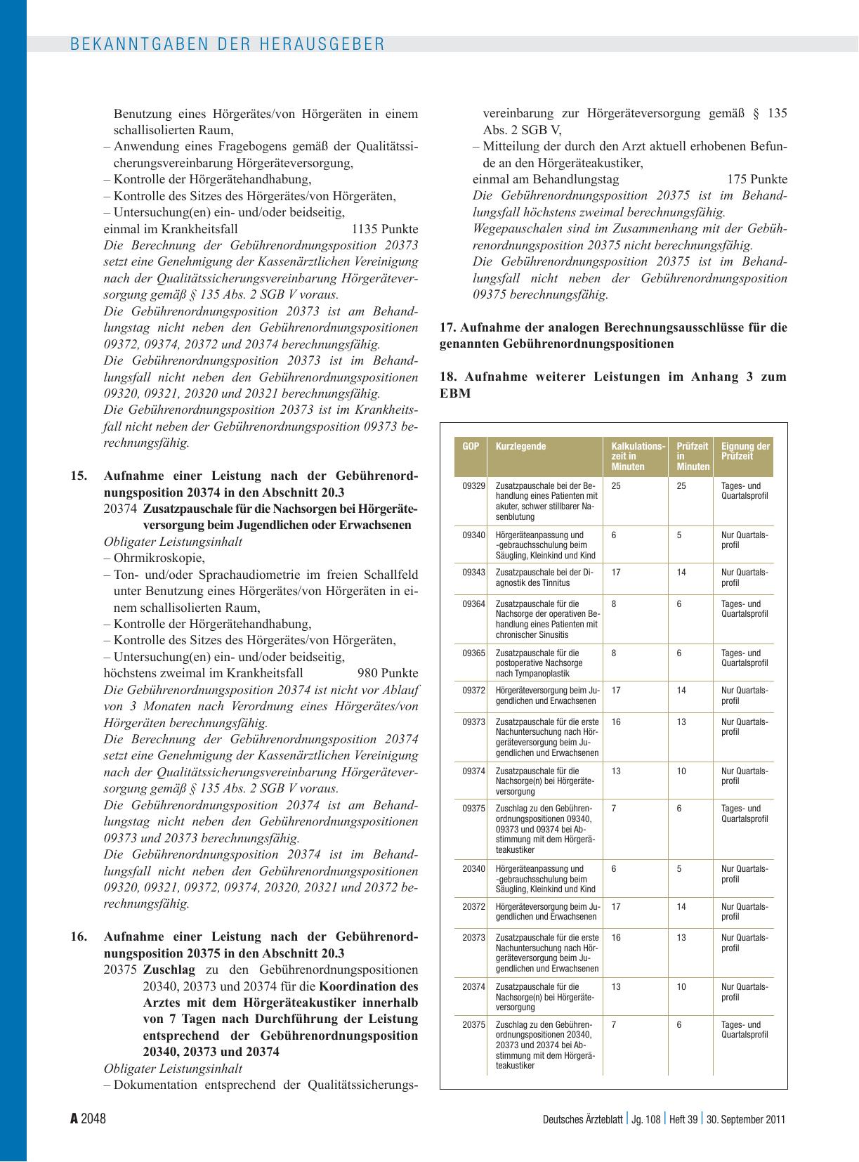 Vorschauseite 4: Beschluss des Bewertungsausschusses nach § 87 Abs. 1 Satz 1 SGB V in seiner 262. Sitzung am 31. August 2011 zur Änderung des Einheitlichen Bewertungsmaßstabes (EBM)